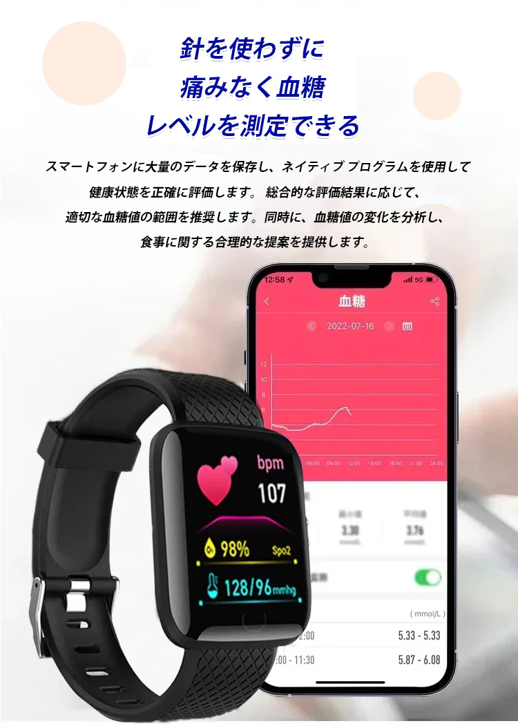 「心拍数と血圧を一日中モニタリング」 Bluetooth接続スポーツ向けスマートウォッチ